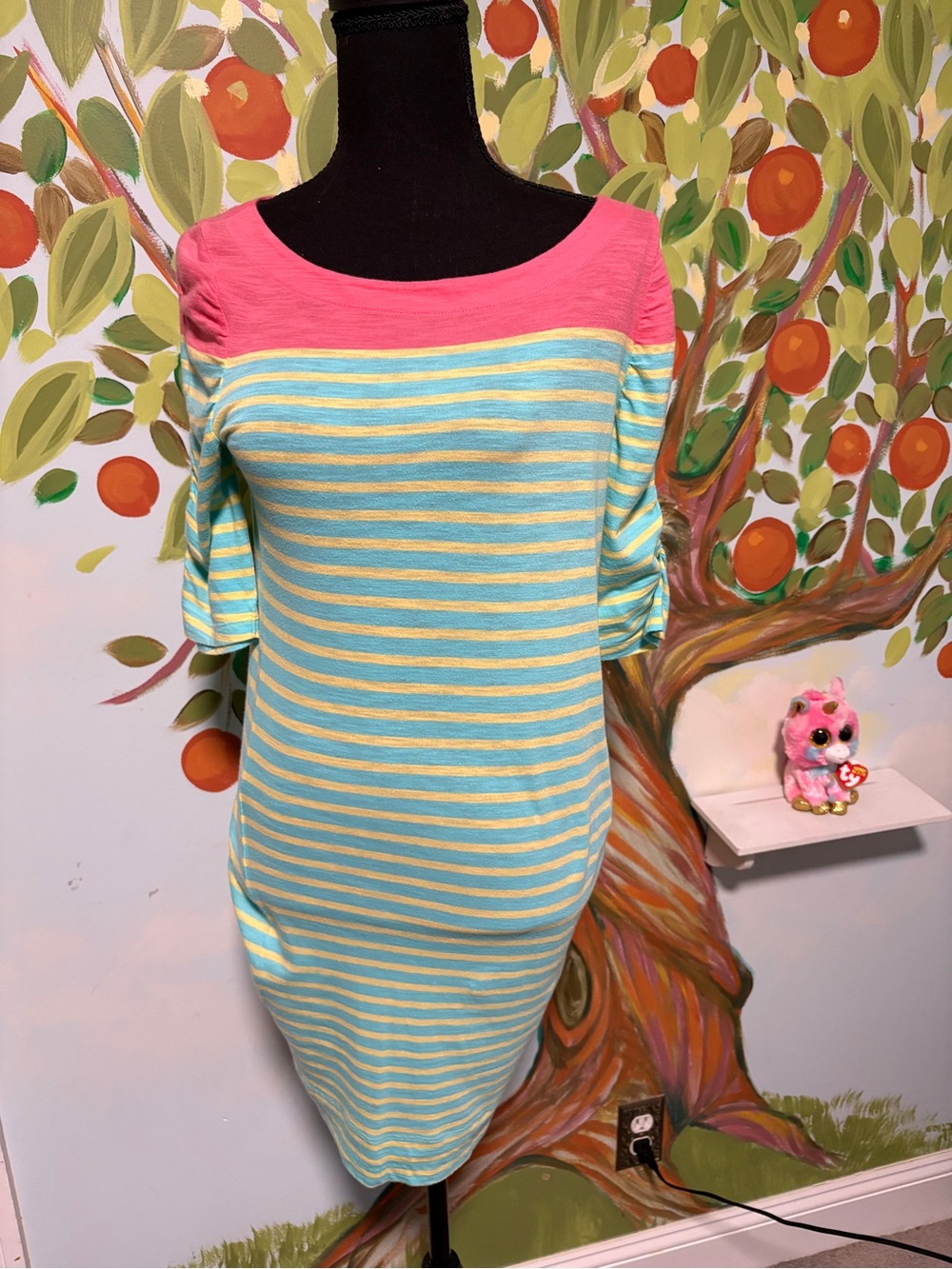 Striped Aqua & Yellow Shift Dress with Pink Yoke size small, Lilly Pulitzer